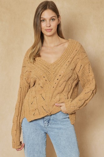 Entro V-Neck Cable Knit Chenille Long Sleeve Sweater