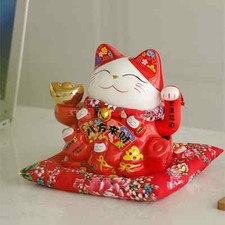 Fortune Cat with Waving Arm Ceramic ManekI Neko Feng Shui Ornament Lucky