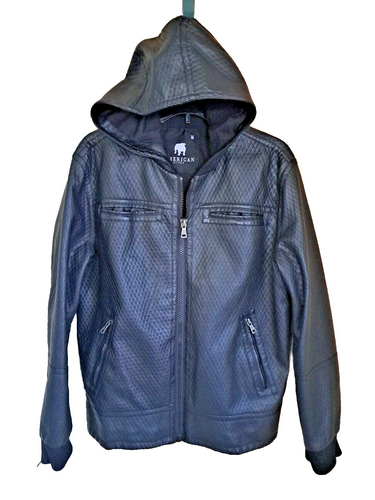 American Stitch Faux Leather Jacket Men's M Black Hooded Full Zip Front Pockets