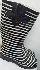 Rain Boots - MST-7091: Ladies Rubber Rain Boot black and white strips 