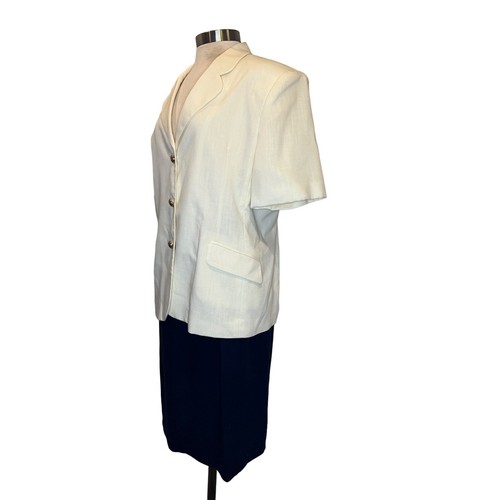 LESLIE FAY 2 Piece Skirt Suit Size 16 White Jacket Pleated Short Sleeve Blue Sk - Picture 2 of 14