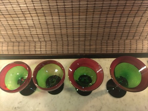 (4) Vintage Hand Blown Cocktail Glasses Thick Art Glass Red & Green Stagger Set - Picture 5 of 24