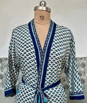 Indian Weiß Blumenmuster Craps Seide Robe Langer Kimono Damen Kleid Uns