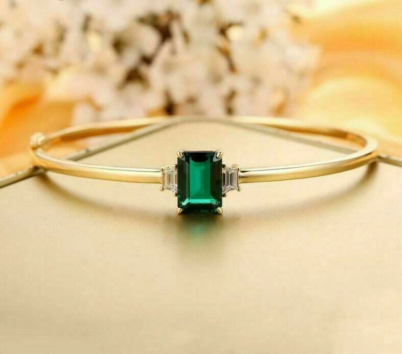 2.80 Ct Green Emerald Cut Lab Created Bangle Bracelet 14K Yellow Gold Plated