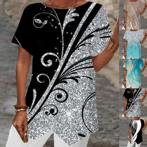 Women Boho Printed Casual Short Sleeve Blouse Ladies Tie Dyed Summer Top T-Shirt