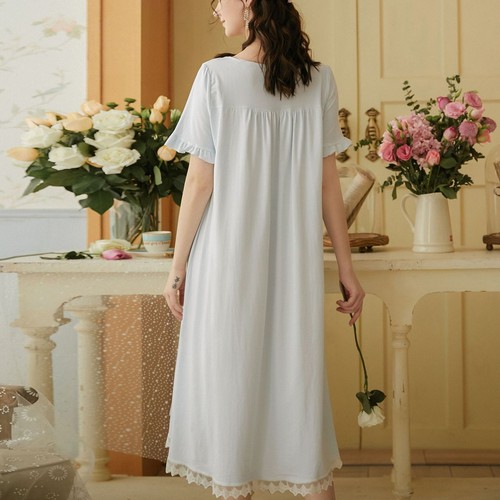 Women's Short Sleeve Nightgown Princess Square Neck Cotton Sleep Dress - Picture 3 of 45