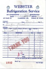 Cambridge Maryland Vintage Billhead Receipt  WEBSTER REFRIGERATION SERVICE 1962