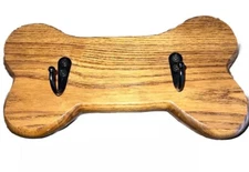 Solid Oak Dog Bone Shaped 2 Metal Hook Wall Plaque Leash Collar Towel Holder…