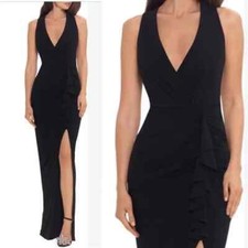 Betsy  Adam Black Ruched Ruffle Column Gown Size 14 199