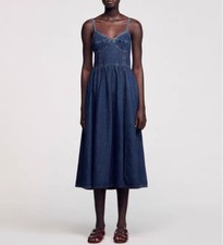 Women Sandro V-neck Backless Denim A-line Slip Midi Dress navy sleeveless new