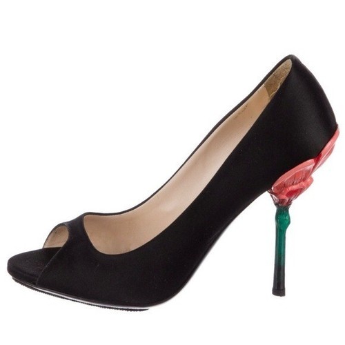 Prada Rose Floral Heel Satin Peep Toe Pumps - Picture 2 of 7