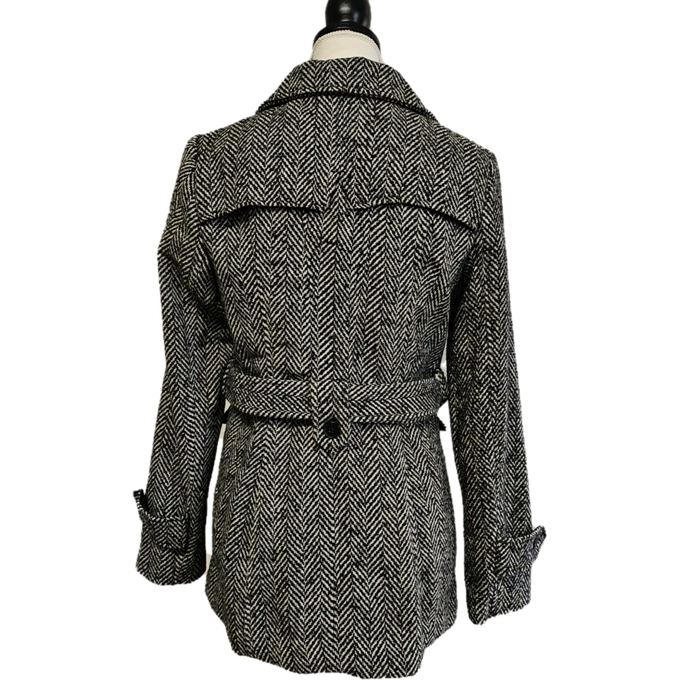 Abrigo Nicole Miller blanco y negro espiga con cinturón de un solo pecho talla S Foto 3 de 4