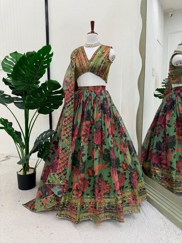 Organza atigrado Indian Look Lehenga Choli con Dupatta verde para mujer/niña - Imagen 5 de 9