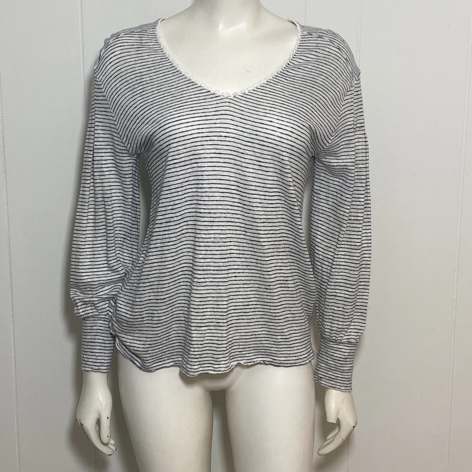 Top Sundance Mariner Journey para mujer mediano de lino blanco azul marino a rayas manga larga