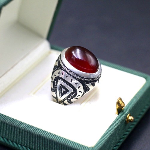 Red Agate Yemeni Aqeeq Men Ring 925 Sterling Silver Oval Cut Stone Oxidized - Picture 4 of 6
