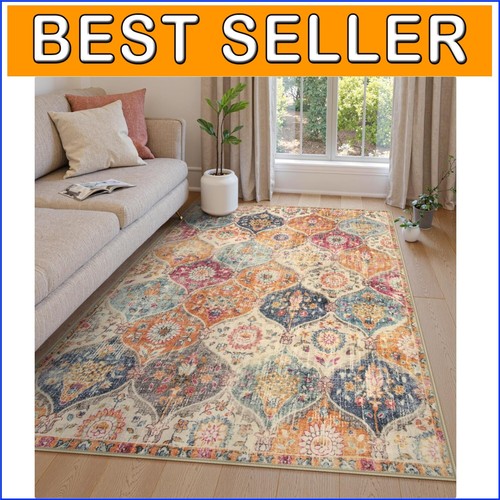 5x7 Floral Moroccan Area Rug - Machine Washable, Non-Slip Design for Living Room