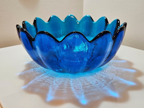 Vtg Blenko Art Glass Cobalt Blue Lotus 14 Petal Salad Bowl w/2 Salad Bowls #1187 - Picture 5 of 11