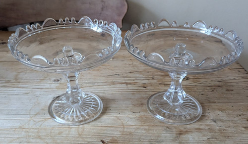 Unusual Pair Pressed Glass Cakestands With Raised Centres Unmarked 5.5in Max Ht. - Picture 1 of 5