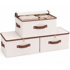 3 Pcs Rigid Storage Bins with Zipper Lid, Cotton Linen Fabric Storage Boxes, ...