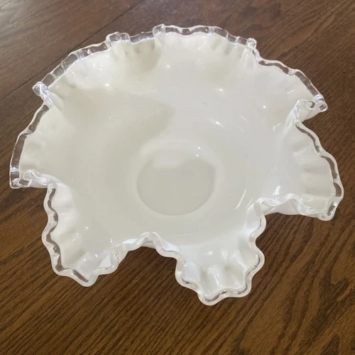 Fenton / Milk Glass / Ruffled Silver Crest / MELON Bowl / 10”/ Mint!