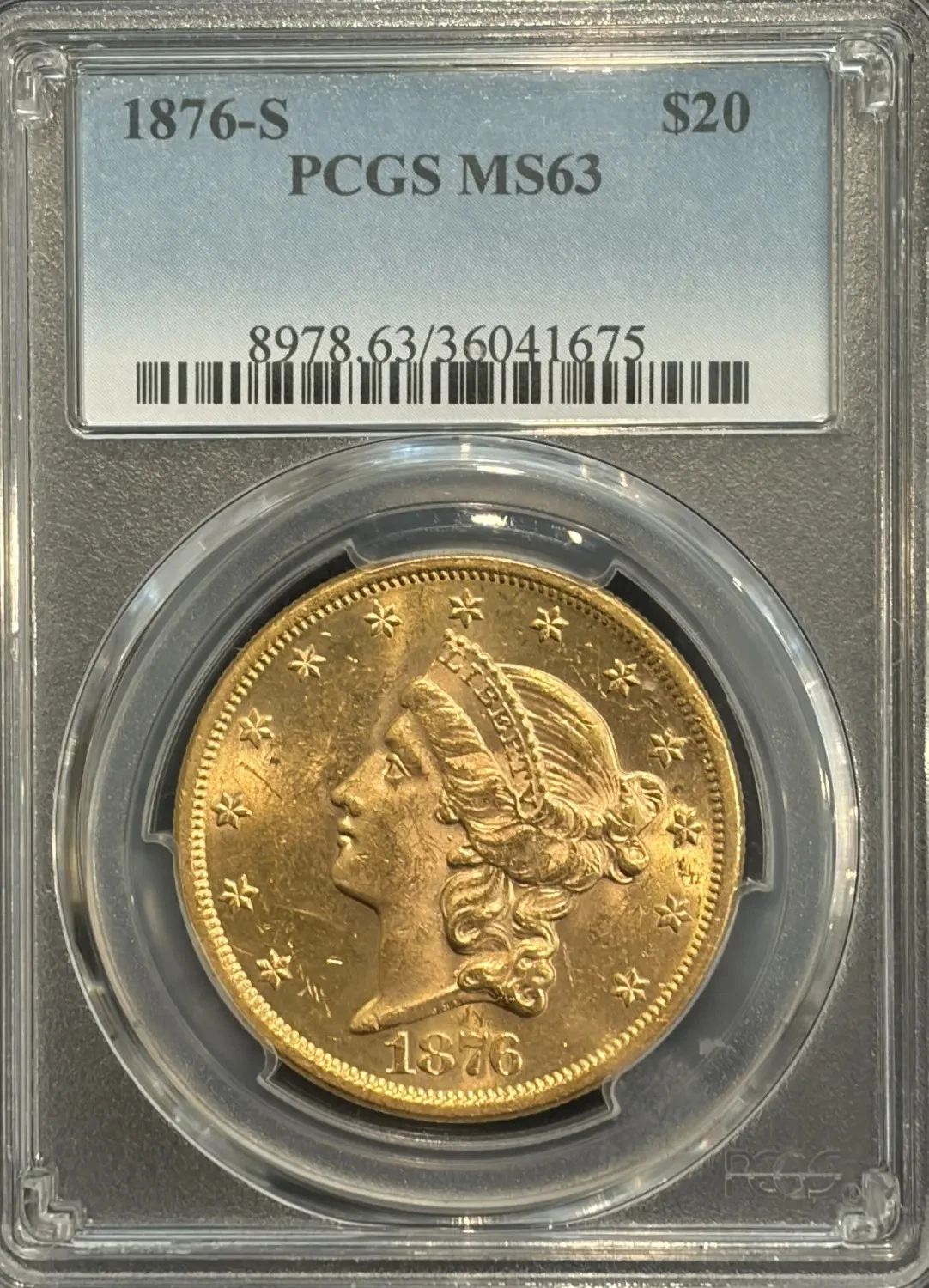 1876-S $20 GOLD LIBERTY DOUBLE EAGLE PCGS MS63