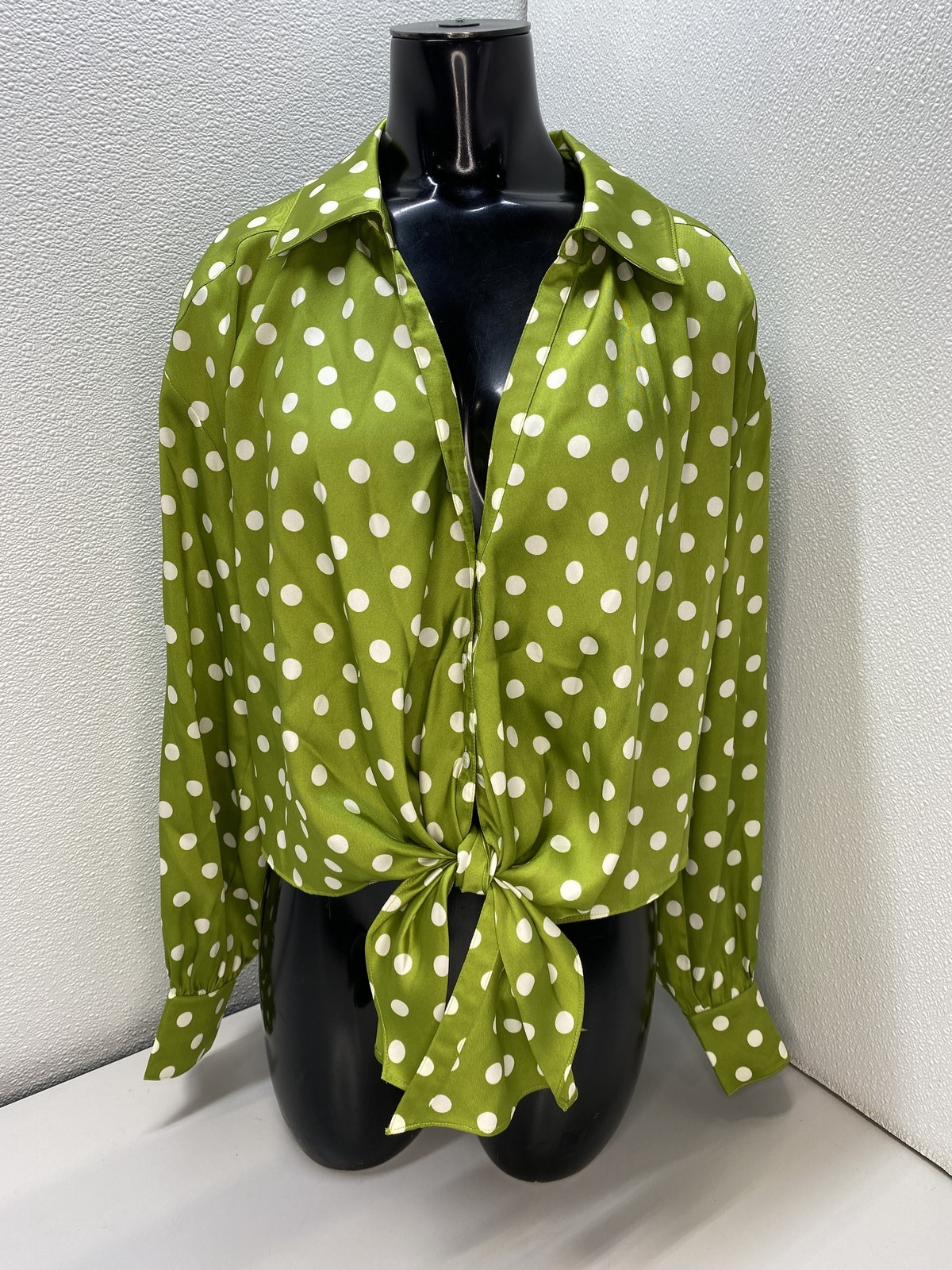 Cinq A Sept Women Shirt Top Pickle Green/Ivory Size M Camille Polka Dot Marianna