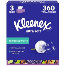 Kleenex Ultra Soft Facial Tissues, 3 Flat Boxes, 120 Count Pack of 3 , White