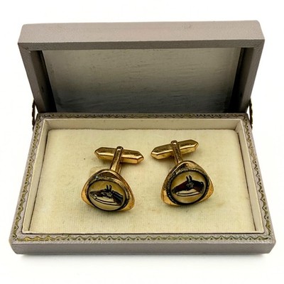 Essex Designer Art Deco Gold Plate Hand Painted Horse Head Intaglio Cufflinks
