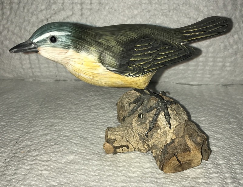 Wooden Yellow Grey Wagtail Bird on Natural Wood Base Collectible Nature Decor