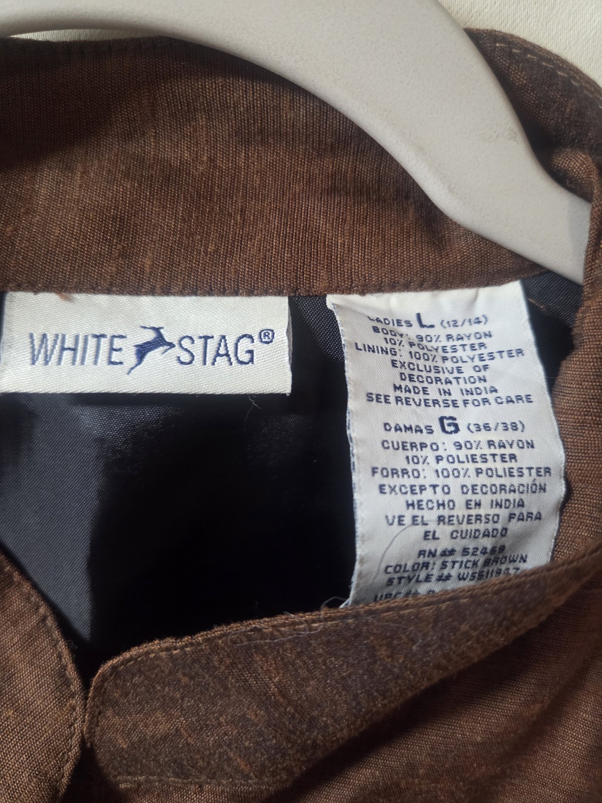 White Stag Blouse Women’s Sz L Brown Embroidered Floral Knot Buttons NWT