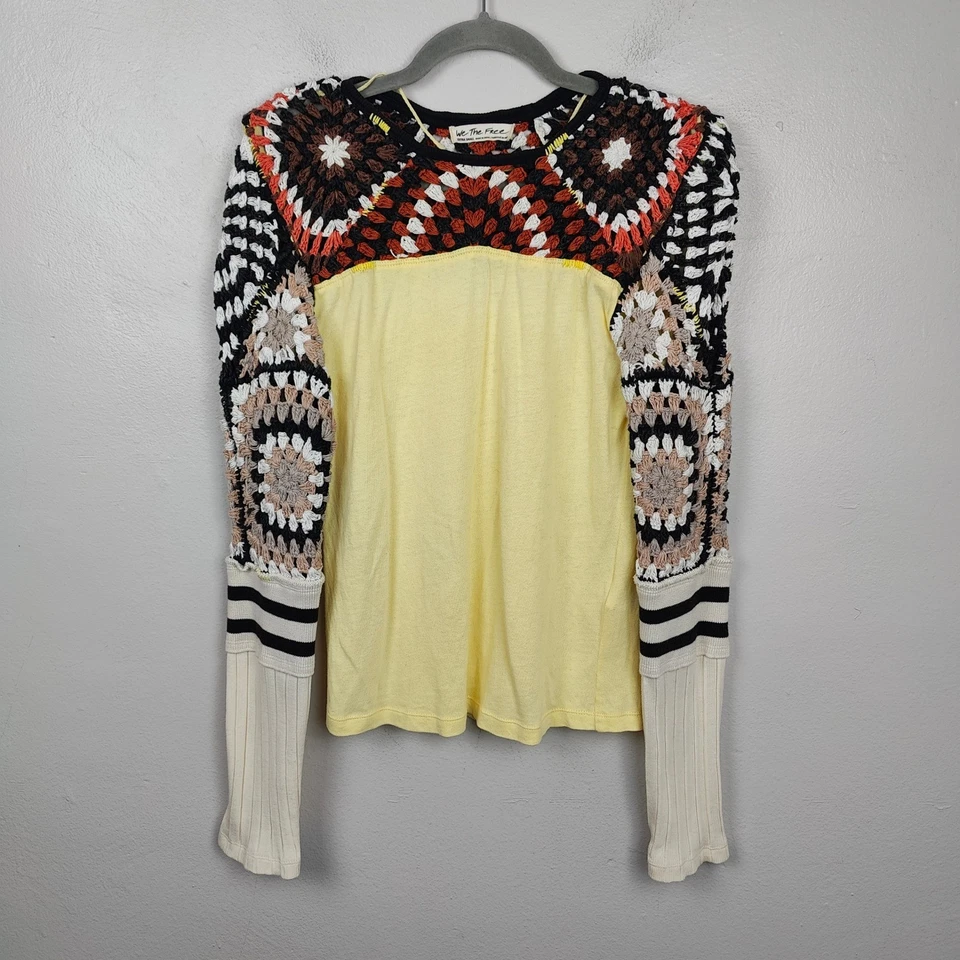 Blusa feminina Free People We The Free Granny quadrada de crochê XS malha boêmia amarela - Imagem 2 de 4