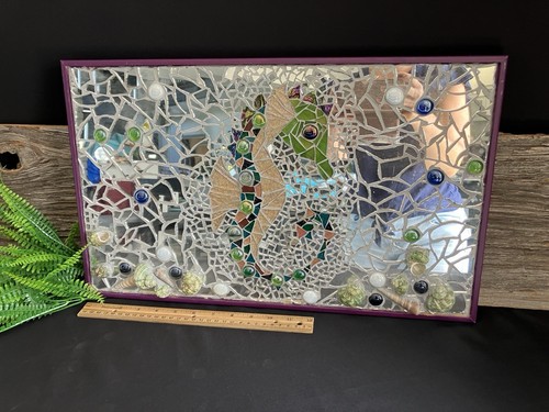 BEAUTIFUL Mosaic Mirror glass Art green SEAHORSE and Seashells OCEAN 19.5x12” - Picture 2 of 9