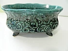 HULL USA # B32  OVAL PLANTER,SCULPTED FLORAL GREEN BLUE DRIP ART POTTERY 7" LONG
