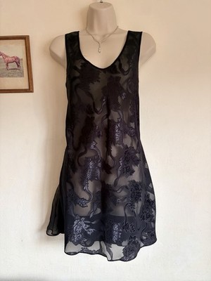 Victoria s Secret Gold Label Vintage 80er Chiffon Blumen schwarz Plunge Nachthemd