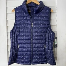 TOMMY HILFIGER Puffer Vest Sz L Navy Nautical Anchors Packable Full Zip $79 NWT