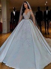 Sparkly Beads Sequins WeddingDress Dubai O-neck Long Sleeve Bride Robe Ball Gown