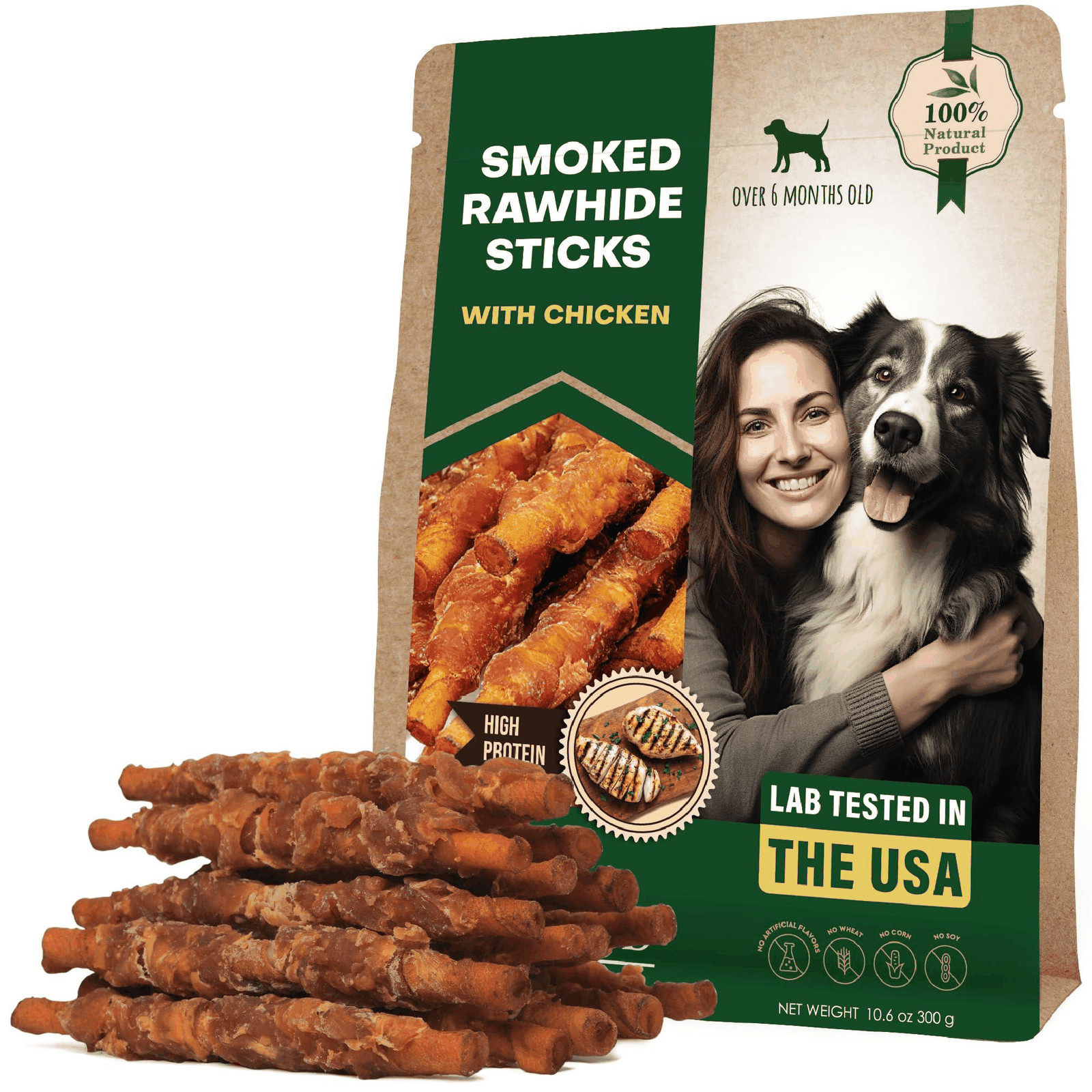 Dog Smoked Rawhide Sticks Wrapped Chicken & Pet Natural Chew Treats Grain