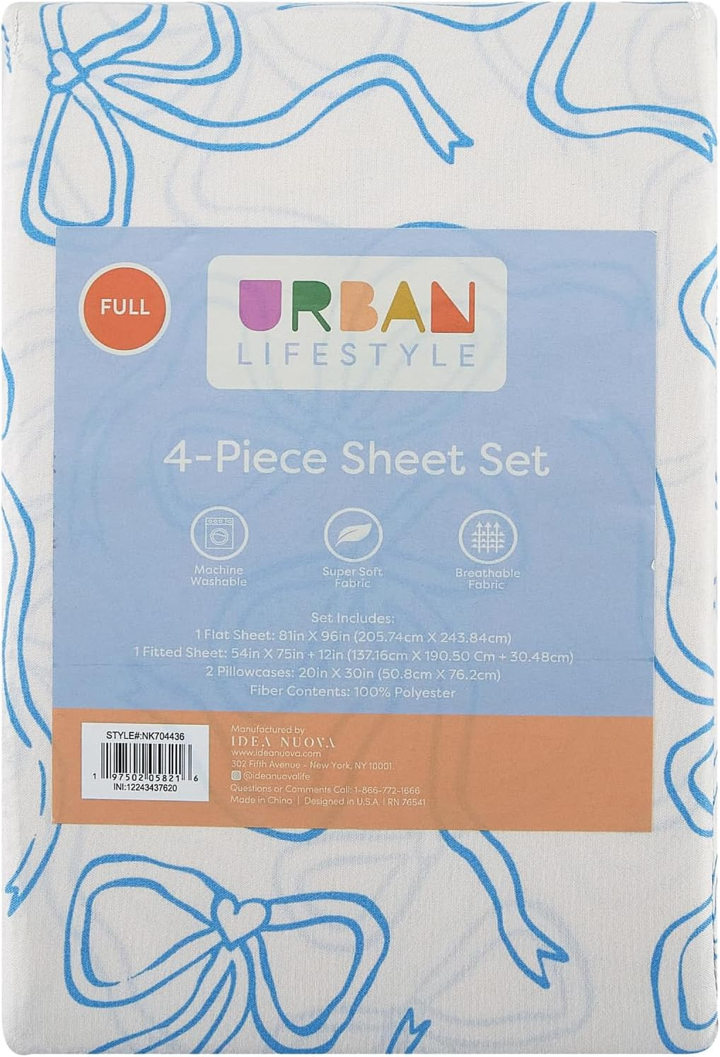 как выглядит 4-Piece Full Sheet Set,Coquette Bow Design in Baby Blue, Includes Fitted Sheet, фото