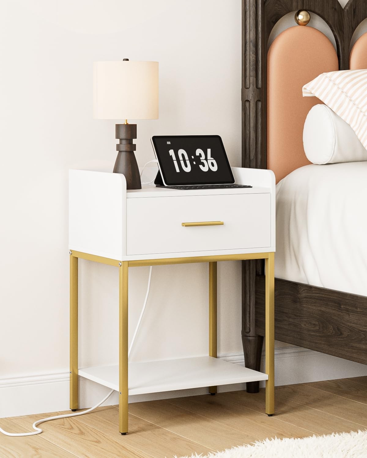 Nightstand with USB Charging Station, Drawer and 2 Shelves for Bedroom Storage-image