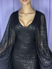 Black Sequin Maxi Dress Size Small Winged Sleeves V-Neck Glam Edgy Feminine Chic