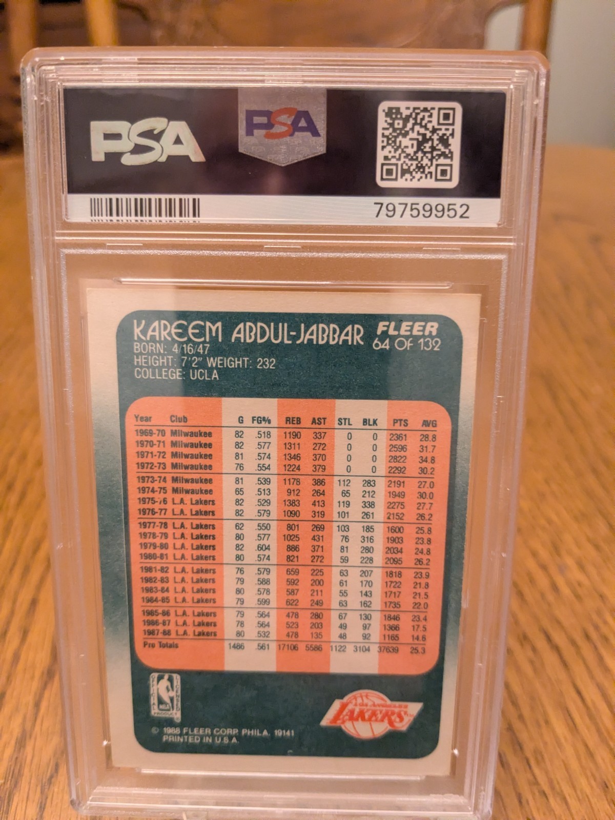 1988 Fleer #64 Kareem Abdul-Jabbar - Graded PSA 5