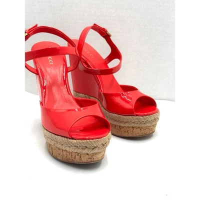 Gucci Holie Coral Red Patent Leather Platform Wedge Sandals Size EU 37 - Image 1 of 4