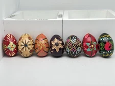 Pisanki Polish Wooden Easter Eggs Hand Painted Hand Carved Lot Of 7* 2.25” Long