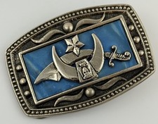 Vtg CII New York Masonic Shriner Scimitar Crescent Star Blue Enamel Belt Buckle