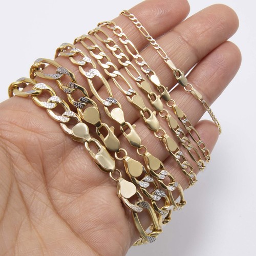 10K Yellow White Gold Diamond-Cut Figaro Link Chain Bracelet All Sizes - Picture 2 of 7
