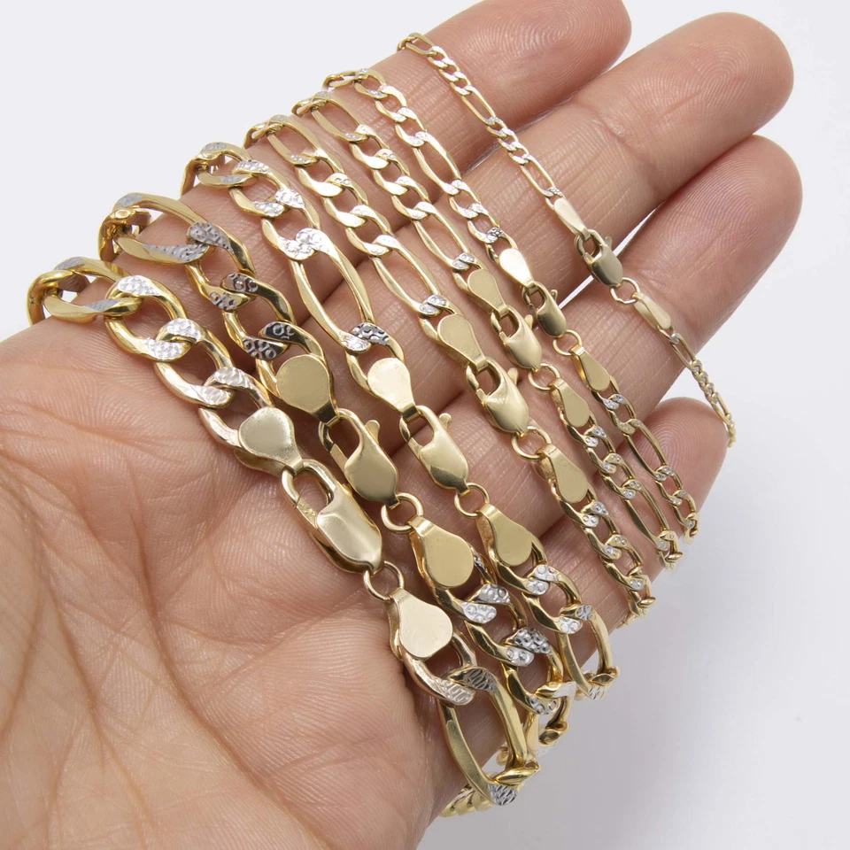 10K Yellow White Gold Diamond-Cut Figaro Link Chain Bracelet All Sizes - Image 2 of 4