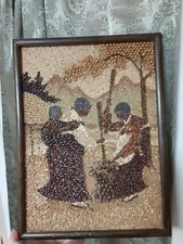 Folk Art Vintage Primitive Seed Painting Outsider Lovely Mothers Baby Unusual 