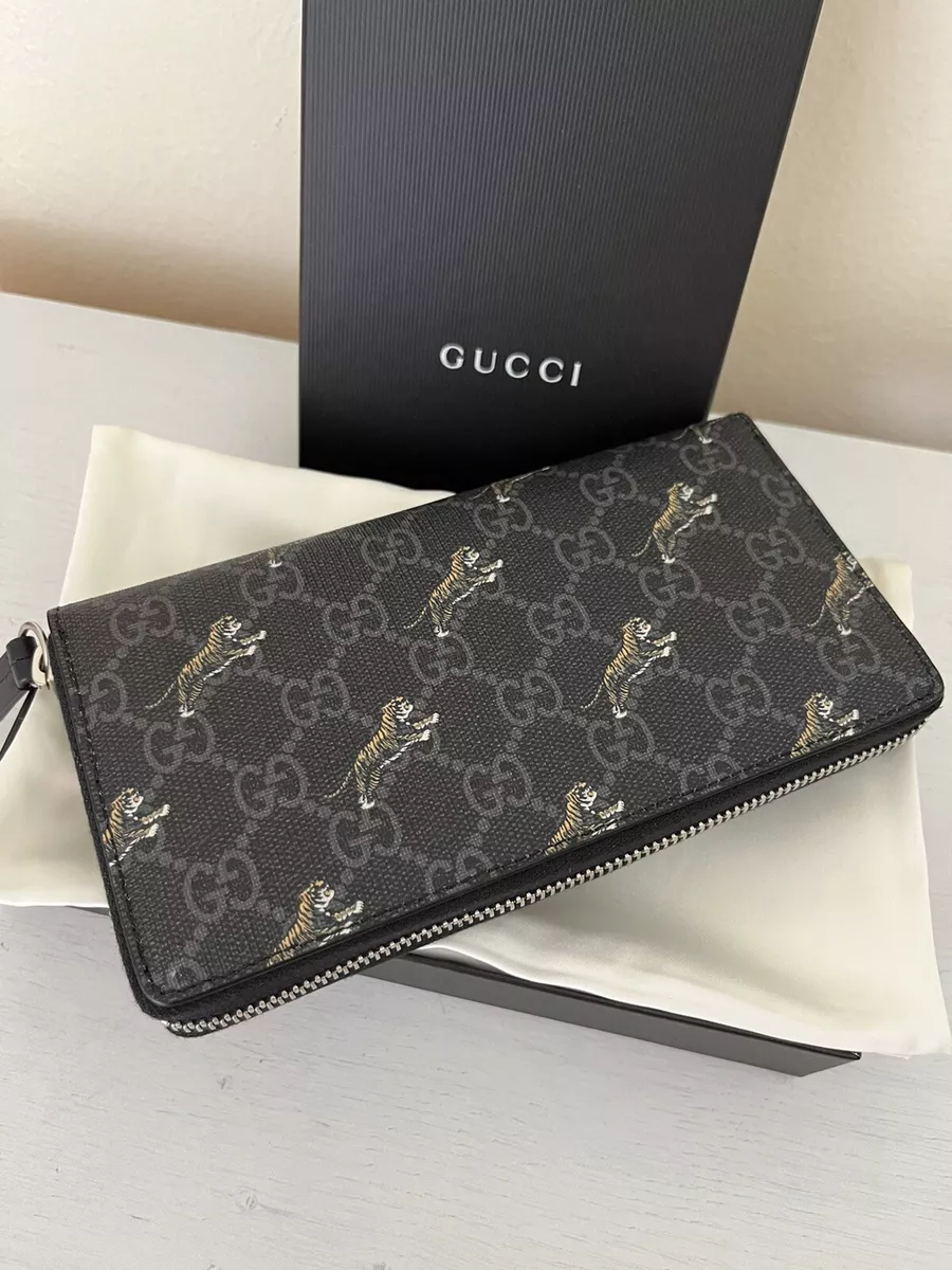 NEW GUCCI GG Supreme Canvas Black /Grey Tiger Print Zip Around Wallet