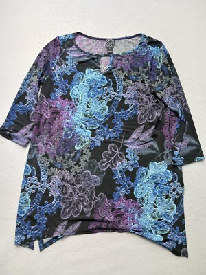 Clara Sun Woo Tunic S Black Multi Floral Asymmetrical Dressy Casual Party