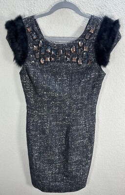 McGinn Gray Black Bodycon Mini Dress Stoned Rabbit Fur Trim Cocktail Sz 4 NWT